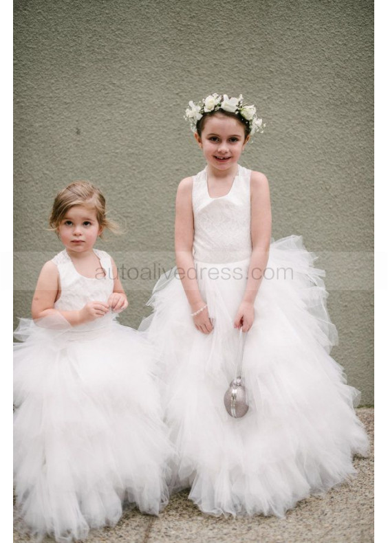 Ivory Lace Tulle Cross Back Floor Length Flower Girl Dress